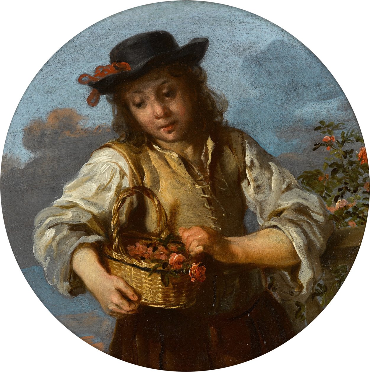 Ein Junge mit einem Korb voller Rosen von Bernhard Keil