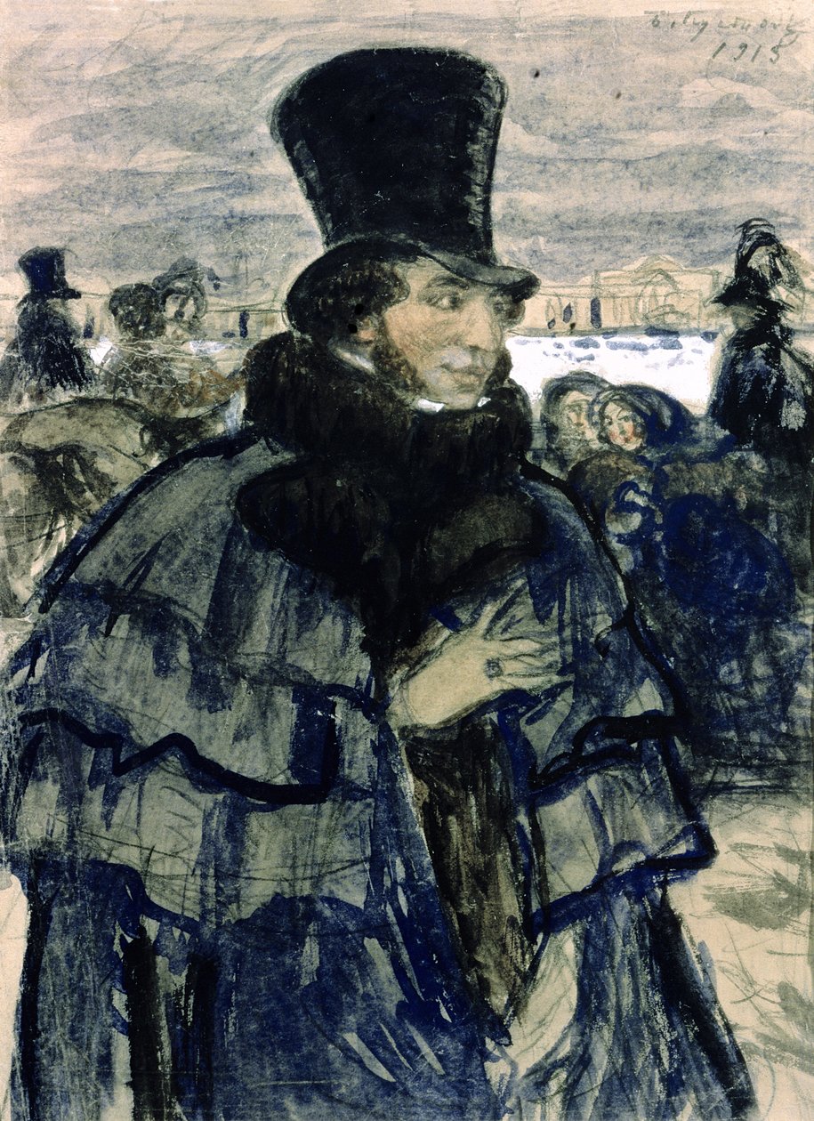 Porträt von Alexander Puschkin (1799-1837) am Ufer der Newa, 1915 von Boris Mikhailovich Kustodiev