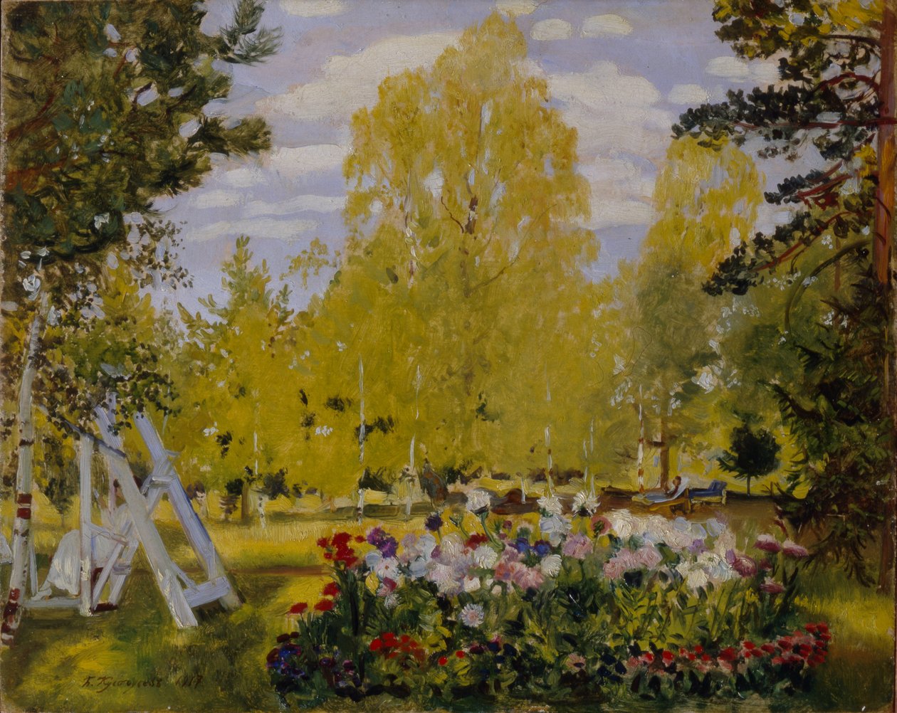 Landschaft mit Blumenbeet von Boris Mikhailovich Kustodiev