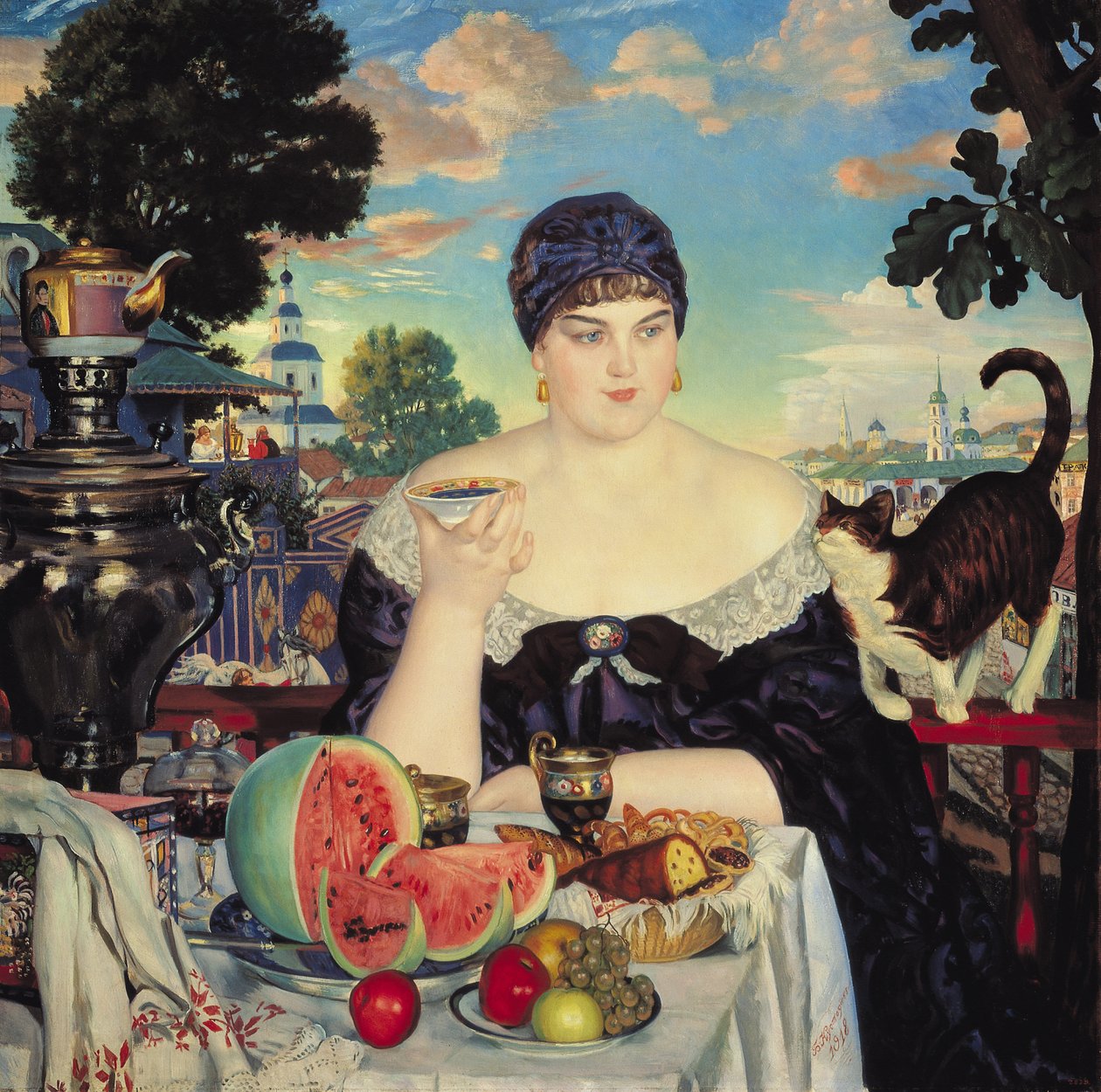 Die Frau des Kaufmanns beim Tee von Boris Mikhailovich Kustodiev