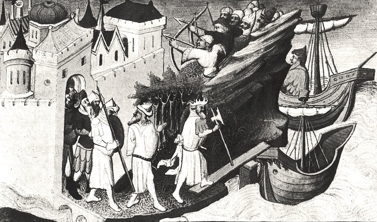 Ms Fr 2810 f.72, Die Soldaten des Großen Khans erobern die Insel Sypangu, aus dem Livre des Merveilles du Monde, ca. 1410-12 (Tempera auf Pergament) von Boucicaut Master
