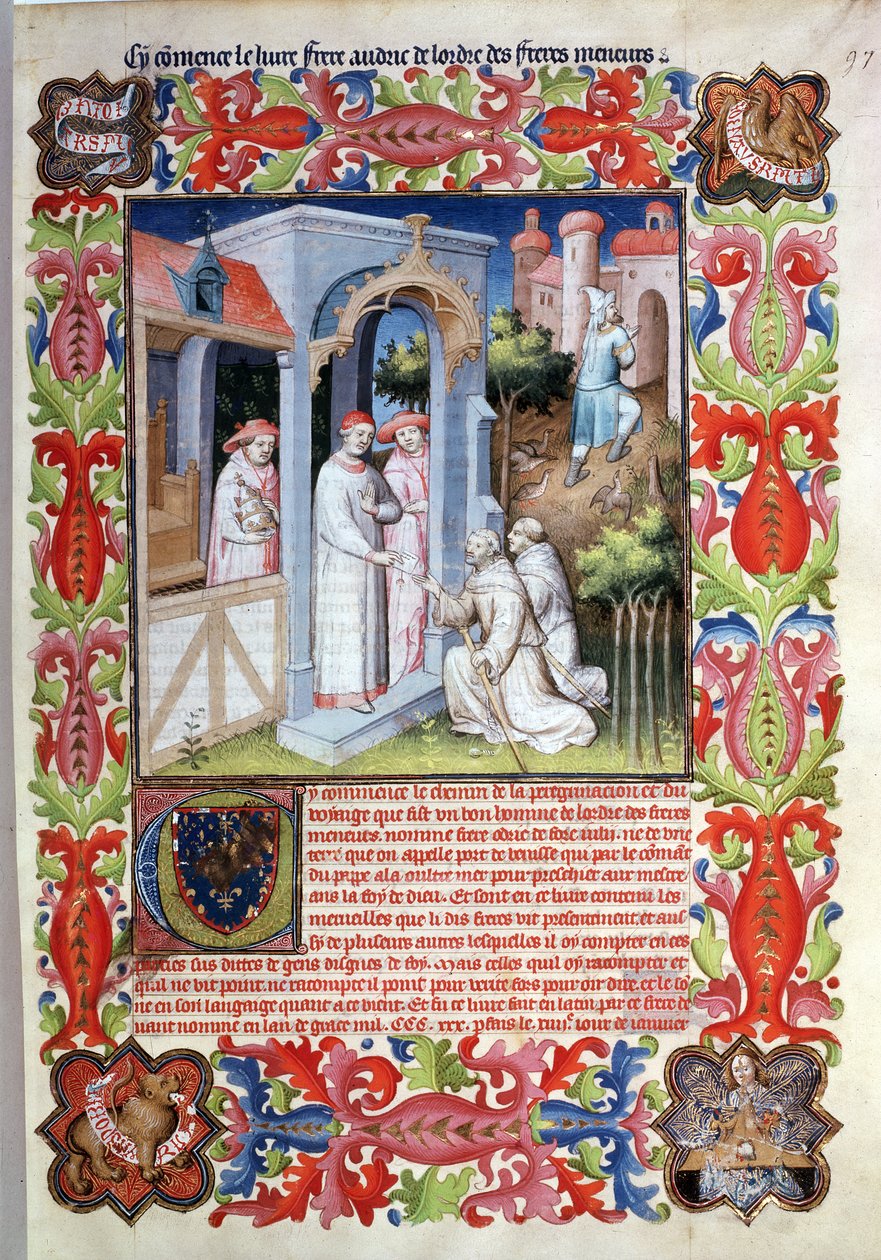 Ms Fr 2810 f.97, Odorico da Pordenone und James von Irland verabschieden sich von Papst Johannes XXII., aus dem 