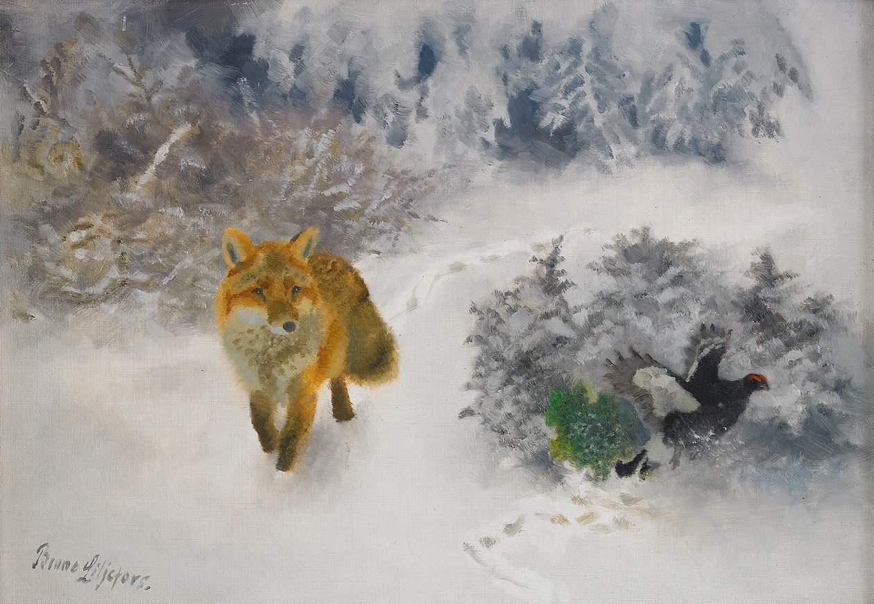 Fuchs und Auerhahn im Winterlandschaft von Bruno Andreas Liljefors