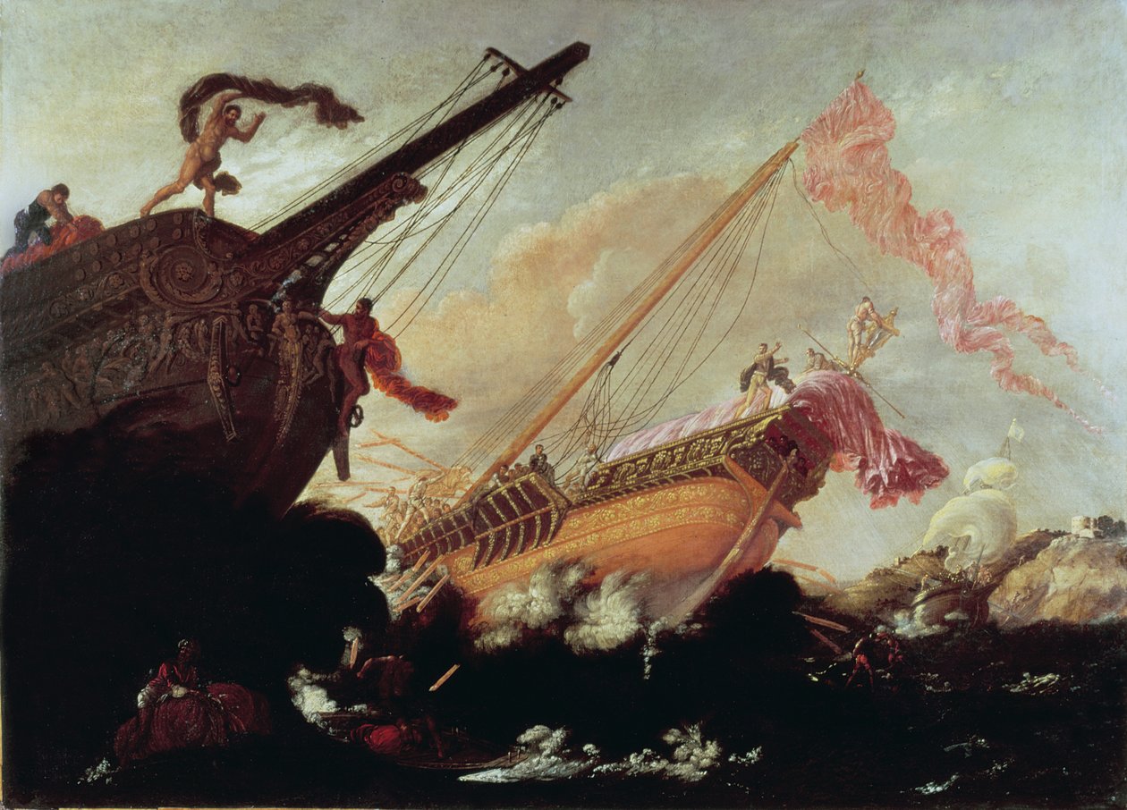 Galeonen, die an einer felsigen Küste gestrandet sind von Buonamico Agostino Tassi