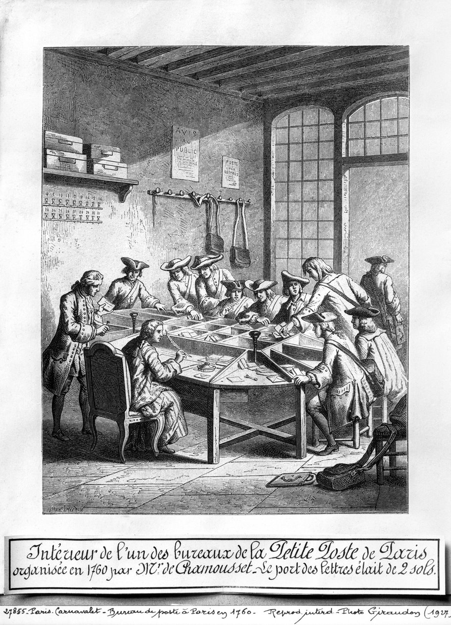 Innenansicht des kleinen Postamts in Paris im Jahr 1760 von Burn Smeeton