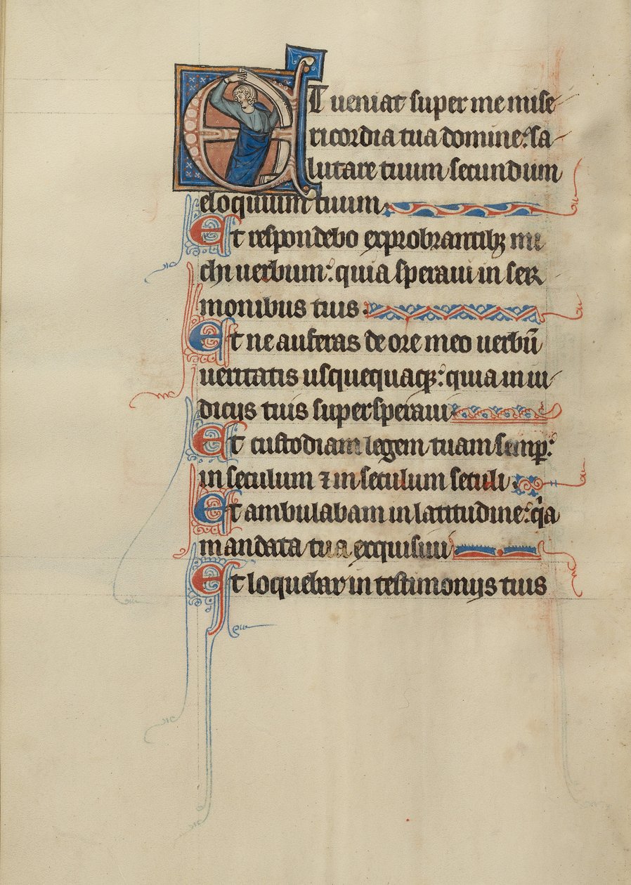 Initial E: Ein Mann hält eine Schriftrolle von Bute Master