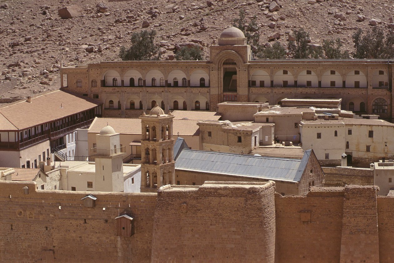 Ansicht des Komplexes des Heiligen Klosters des Gottesgetretenen Berges Sinai von Byzantine School