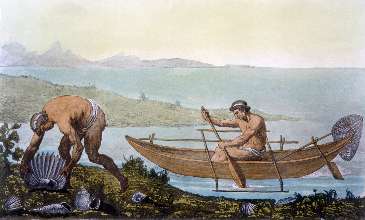 Fischer in einem Kanu und Mann, der riesige Muscheln sammelt, Insel Ubi, aus 
