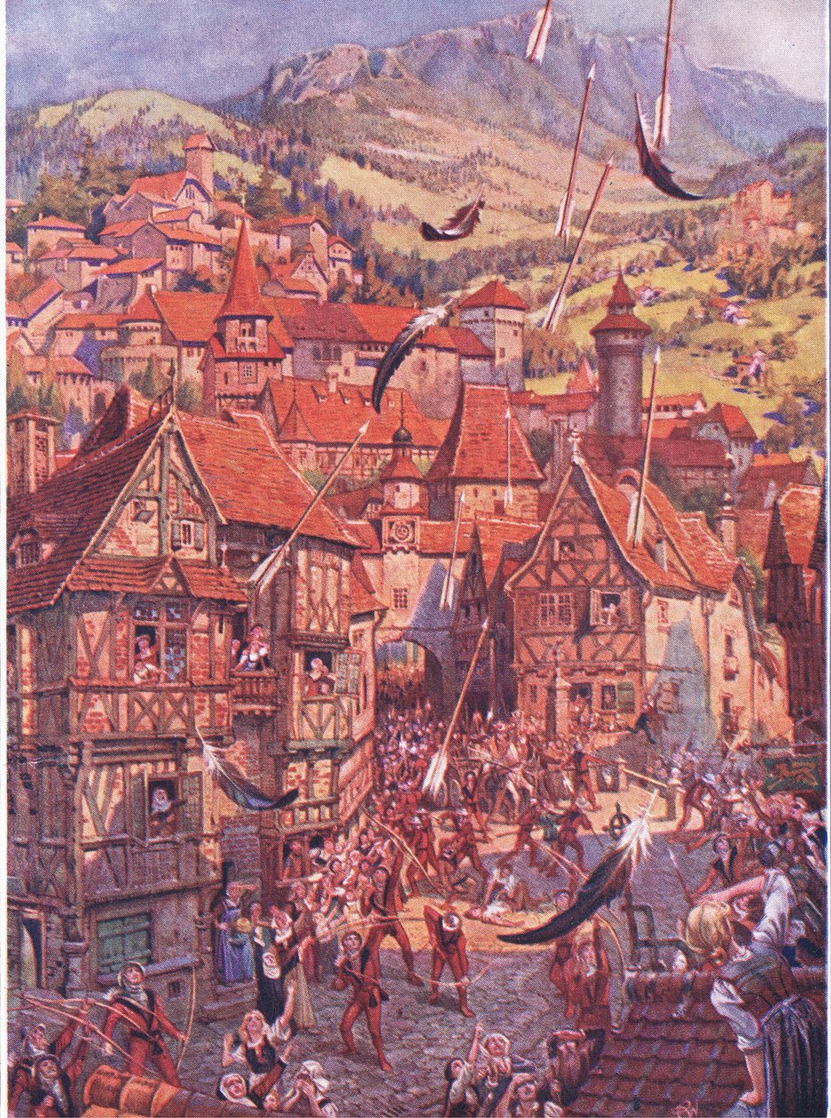 Pfeile flogen überall herum, aus Das Kind der Luft, veröffentlicht von Duckworth, 1910 von C. Wilhelm