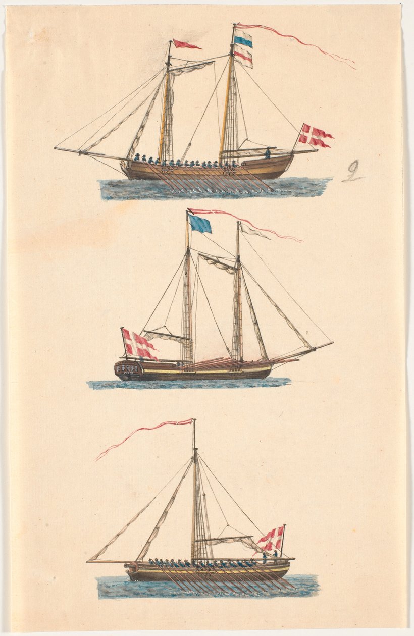 Drei Marineschiffe mit dänischen Flaggen. Rudergezogen von C.A. Lorentzen
