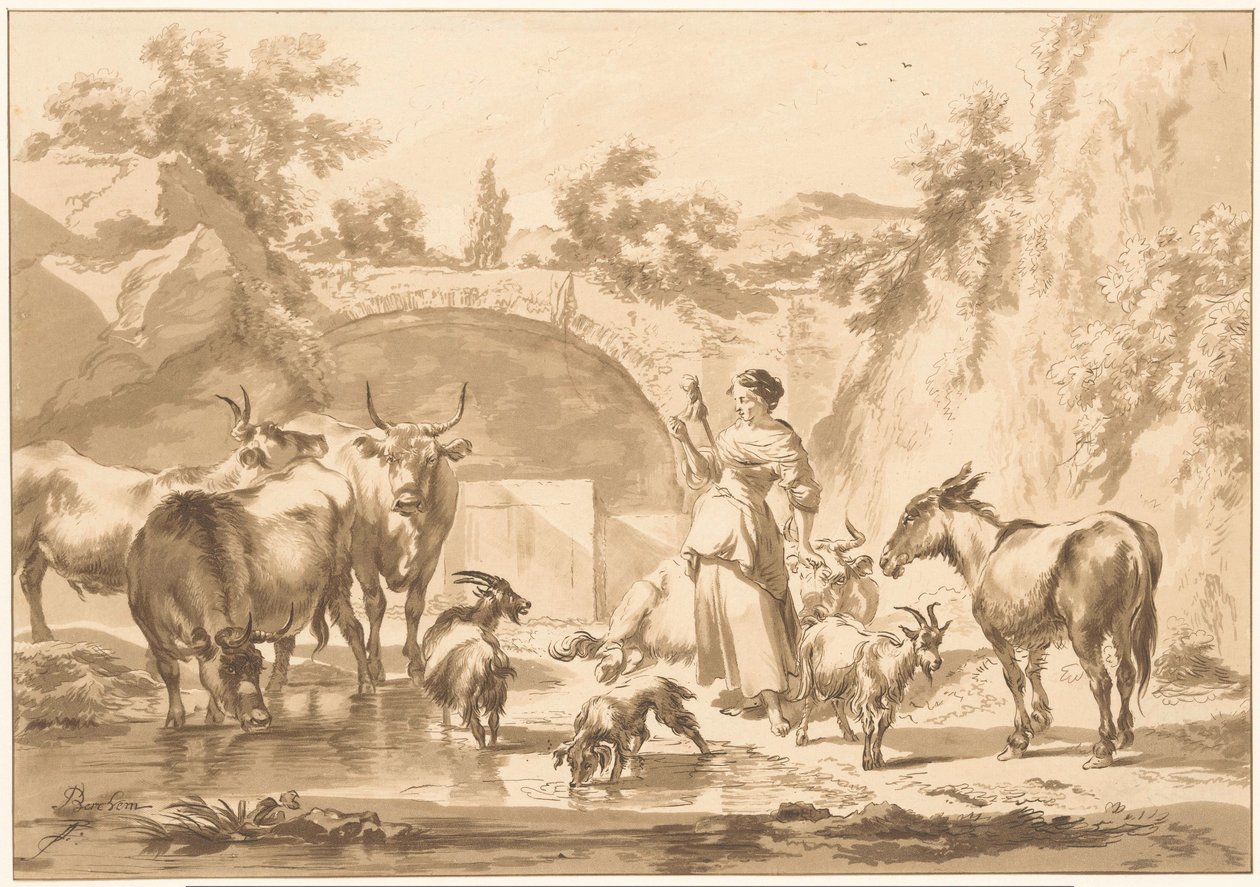 Spinnende Hirtin mit Herde von C. Dietrich (prentmaker) (possibly)