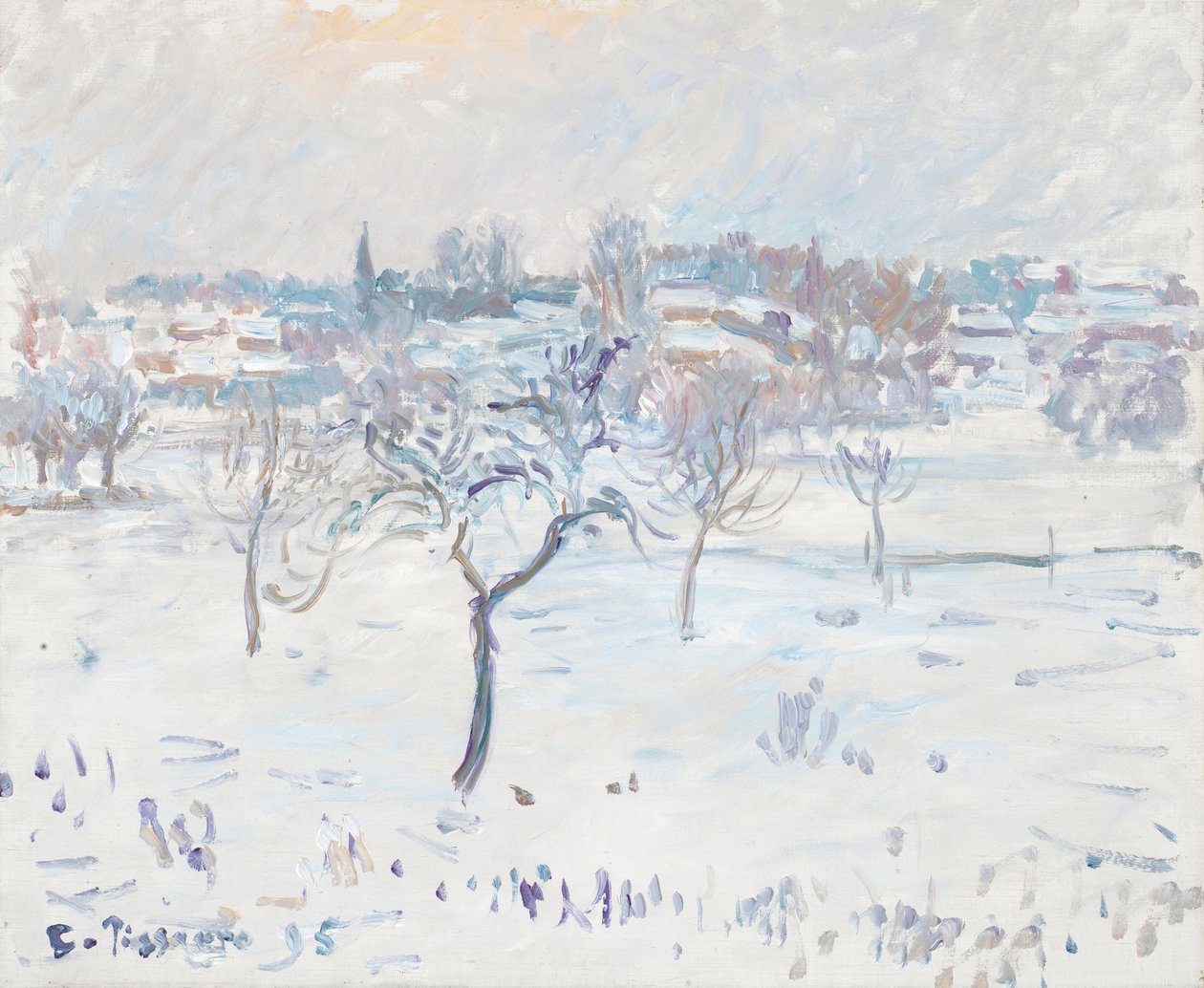 Verschneite Landschaft in Eragny mit einem Apfelbaum von Camille Jacob Pissarro