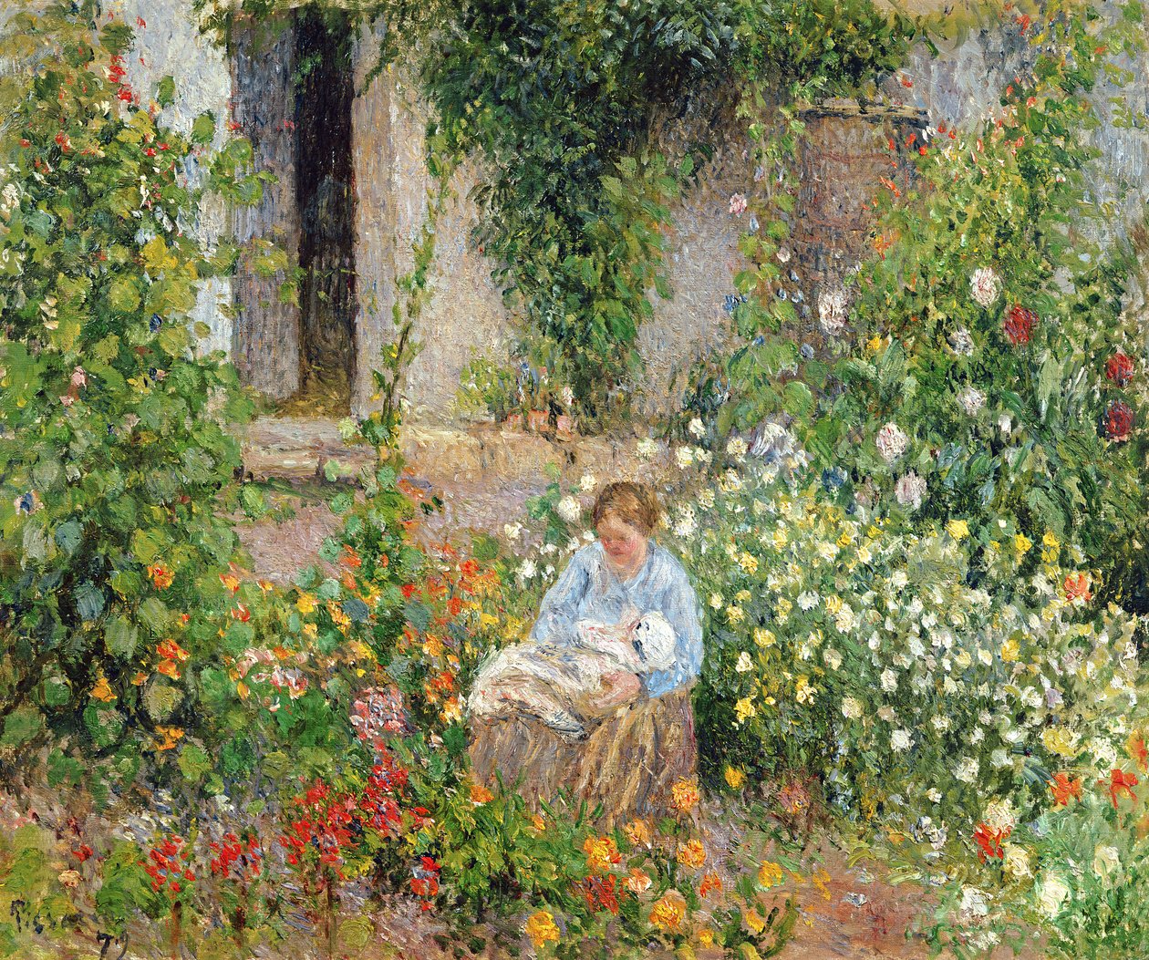 Mutter und Kind in den Blumen, 1879 von Camille Jacob Pissarro