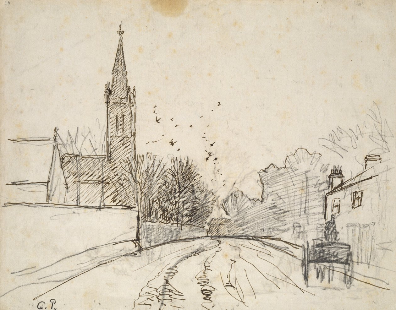 Recto: Studie von Upper Norwood, London, mit der All Saints Church, 1871 von Camille Jacob Pissarro