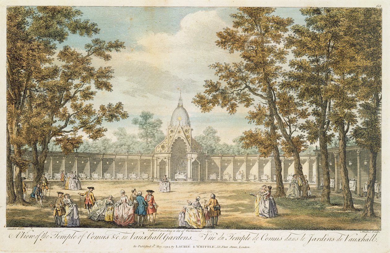 Ansicht des Tempels des Comus in den Vauxhall Gardens, graviert von Muller, neu veröffentlicht 1794 von Canaleti