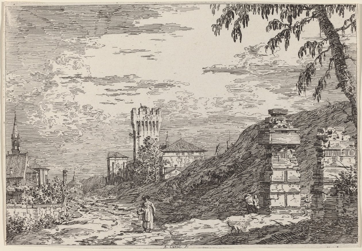 Landschaft mit Turm und zwei zerstörten Säulen von Canaletto