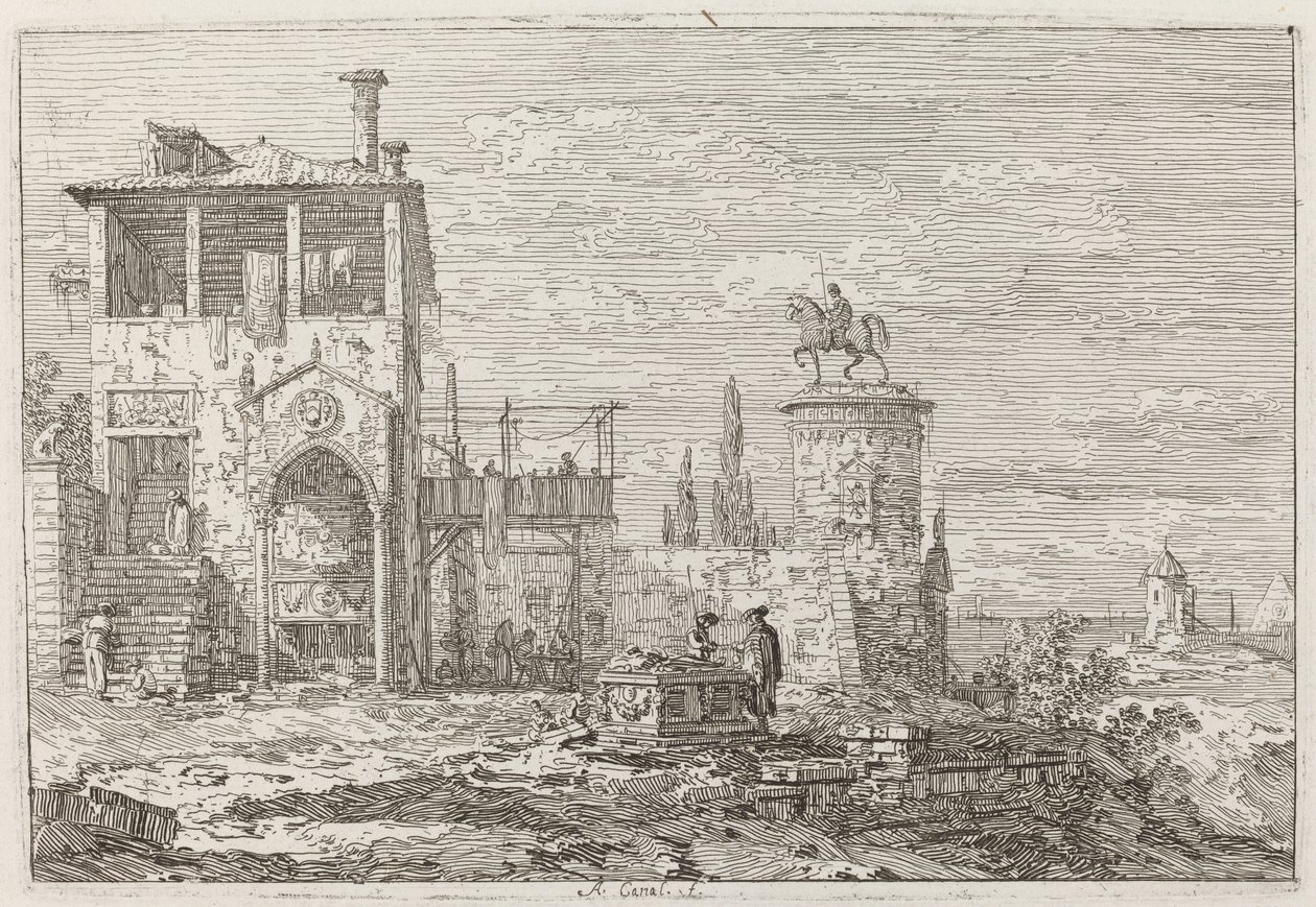 Das Reiterdenkmal [oben rechts], ca. 1735-1746 von Canaletto