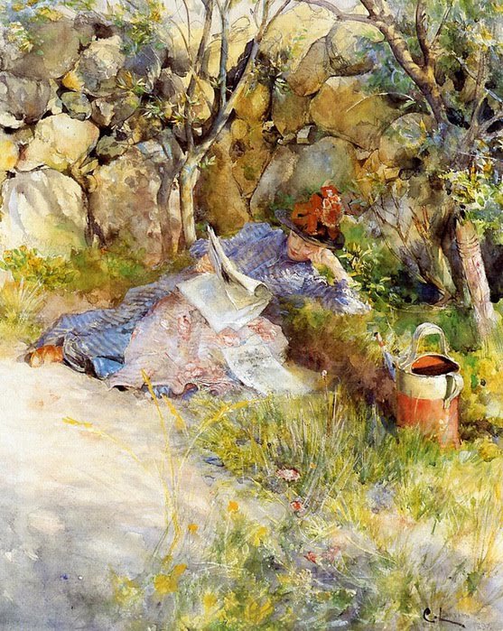Eine Dame liest eine Zeitung von Carl Larsson