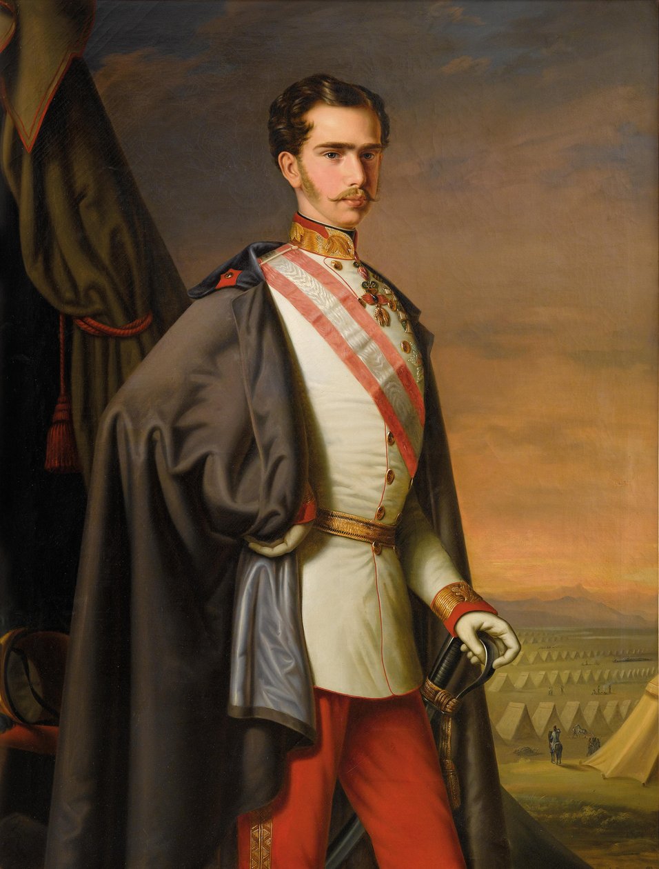 Kaiser Franz Joseph von Österreich in Uniform als Feldmarschall, im Hintergrund ein Feldlager von Carl Lemmermayer