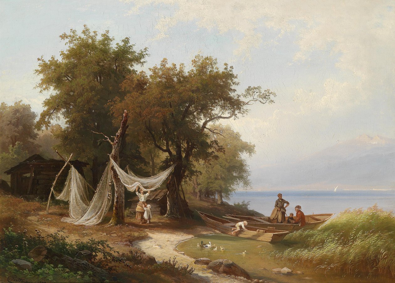 Fischerfamilie am Ufer des Genfer Sees von Carl Porttmann