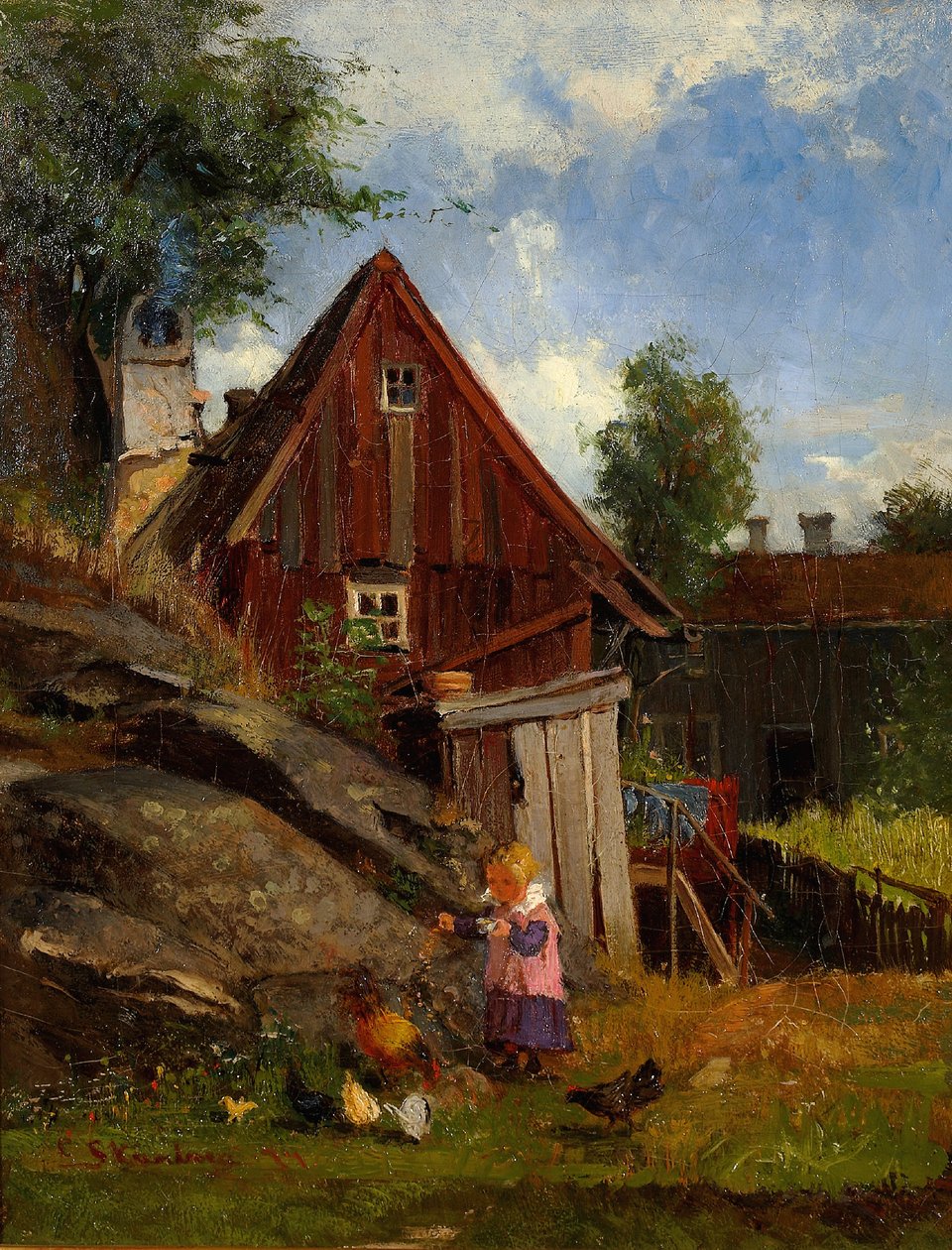 Mädchen füttert Hühner von Carl Skånberg