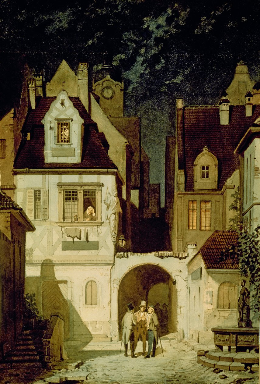 Eine Ecke einer deutschen Stadt im Mondlicht von Carl Spitzweg