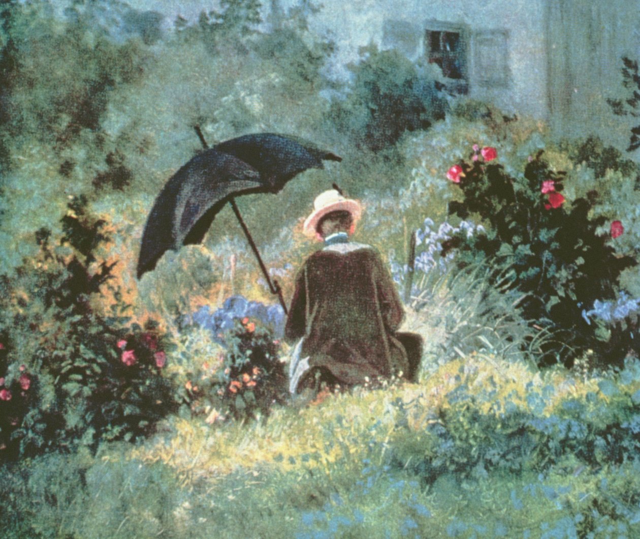(Detail) Ein Herr liest in einem Garten von Carl Spitzweg