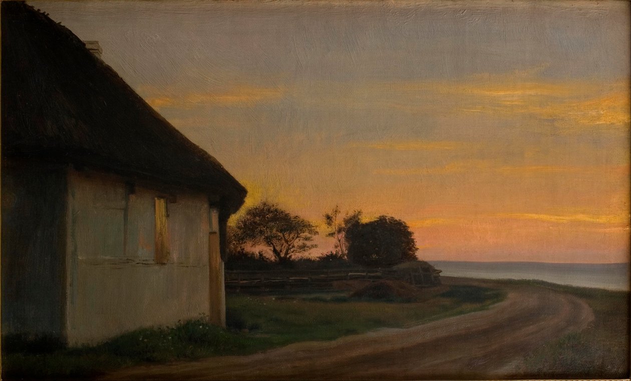 Abendlandschaft mit einem Haus und Garten am Meer. Ellekilde von Carl Heinrich Bloch