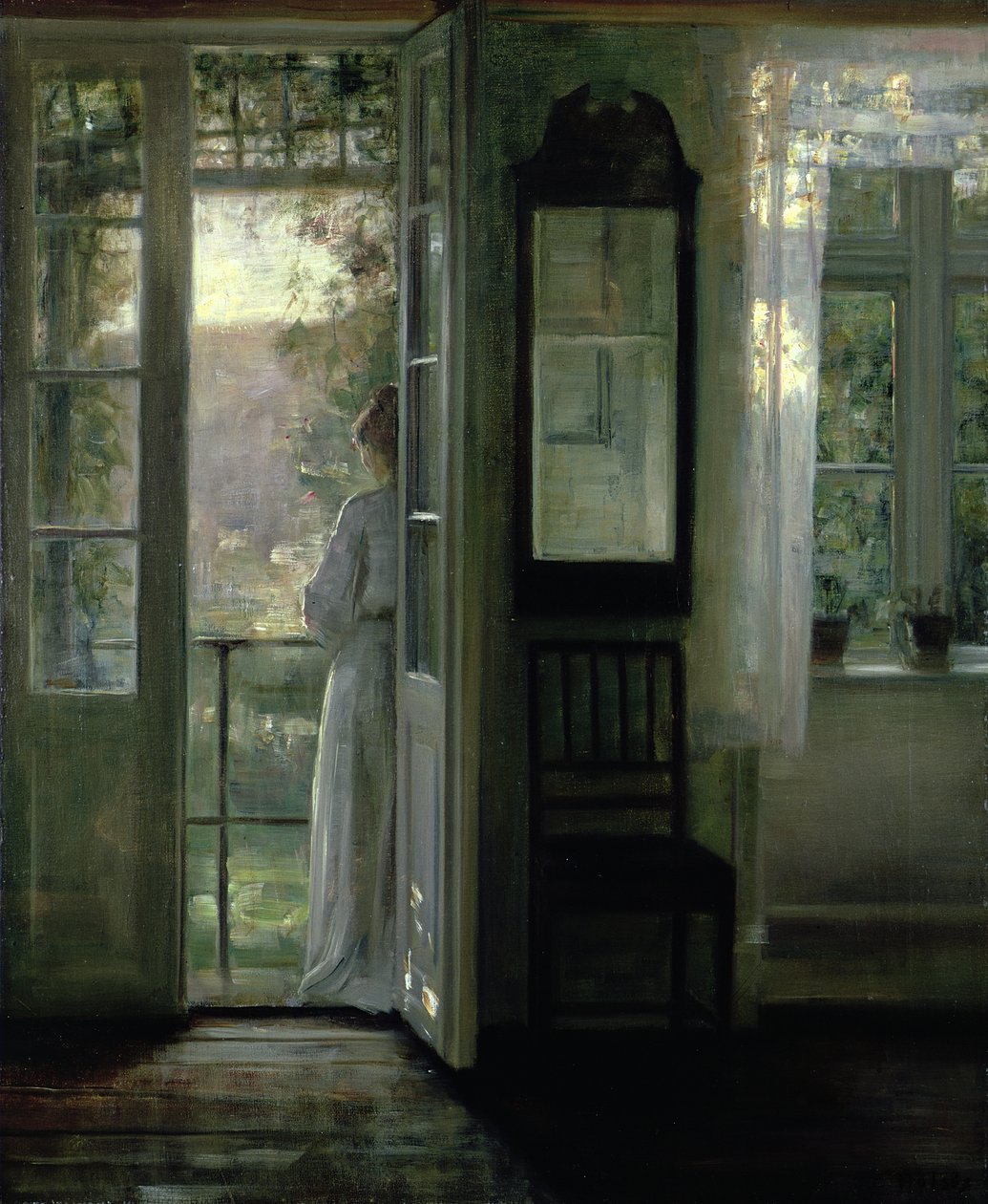 Mädchen auf einem Balkon stehend von Carl Holsoe