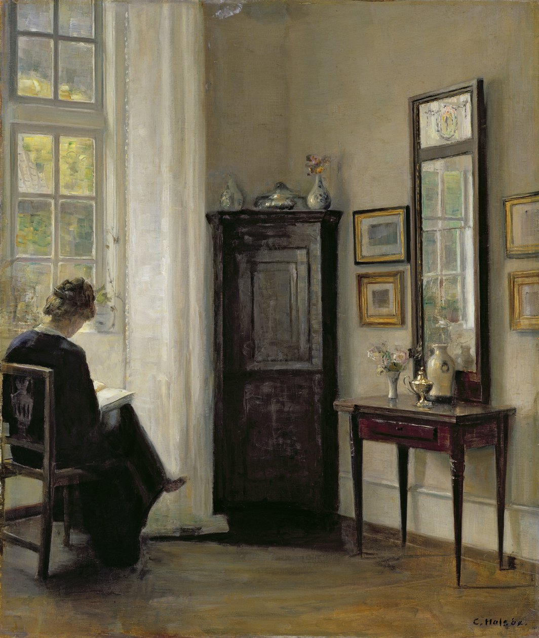 Innenraum mit lesender Frau von Carl Holsoe