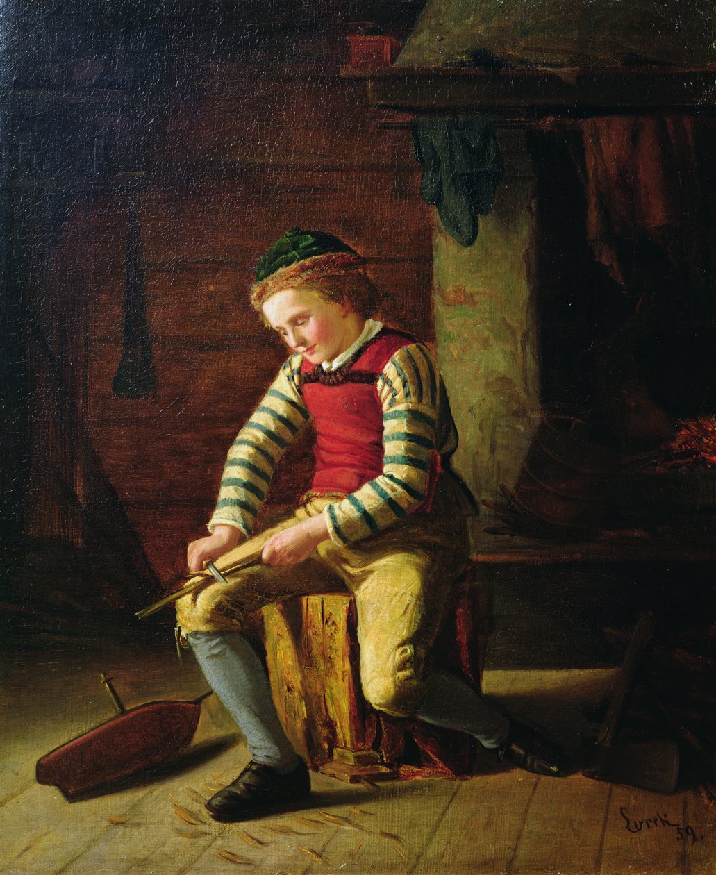 Junge baut ein Holzboot von Carl Julius Lorck