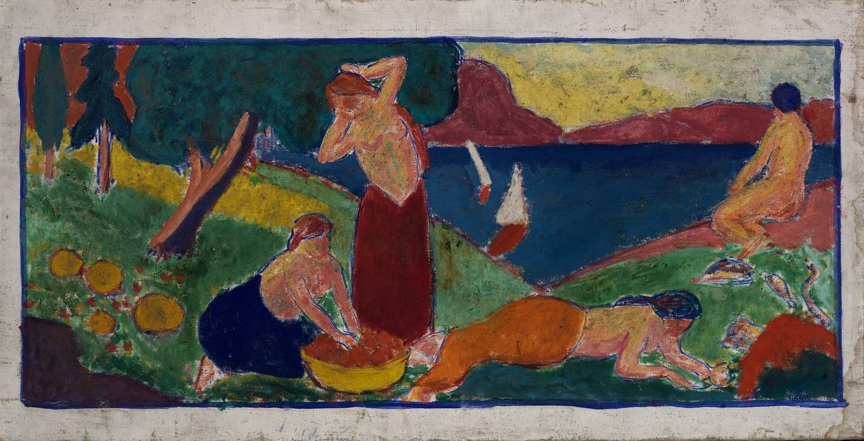 Frauen in Landschaft mit blauem Rand von Carl Newman