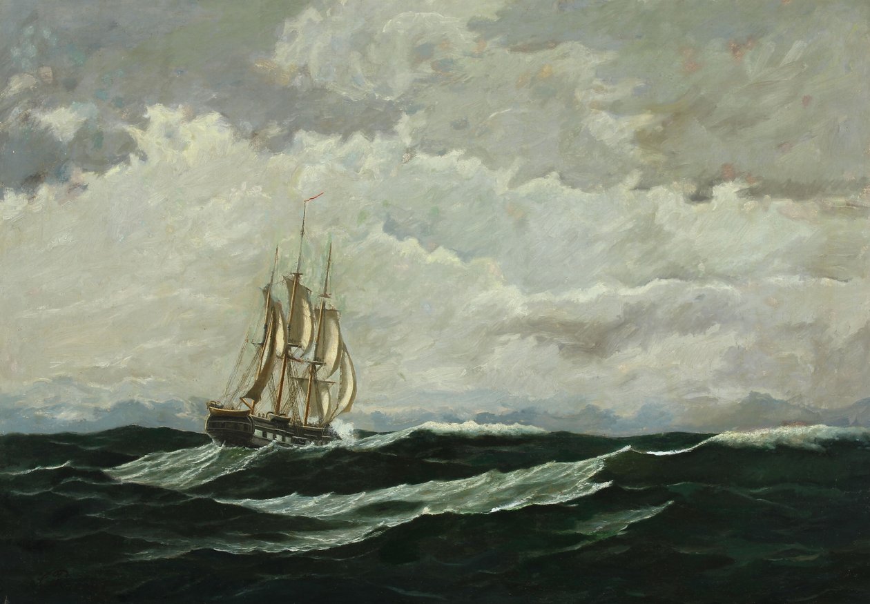 Meereslandschaft mit Kriegsschiff in hoher See von Carl Rasmussen