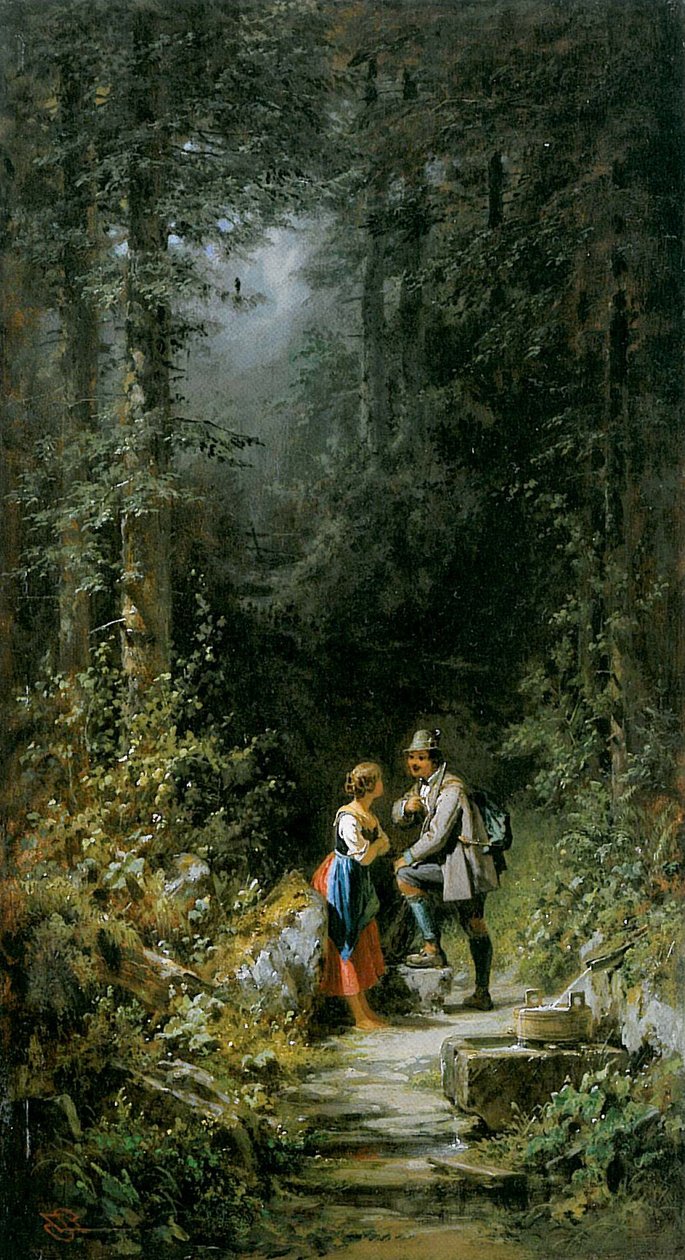 Jäger und Sennerin am Waldbrunnen von Carl Spitzweg