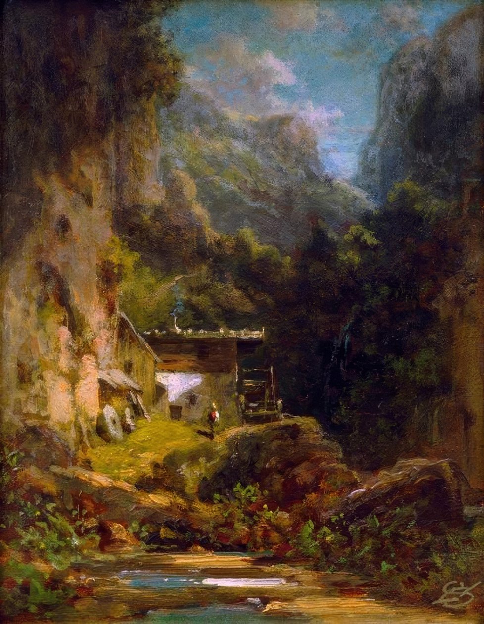 Mühle in Waldschlucht mit einer Figur von Carl Spitzweg