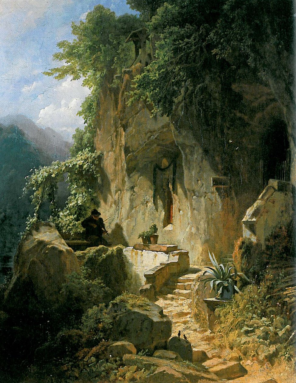 Musizierender Einsiedler vor seiner Felsenklause von Carl Spitzweg