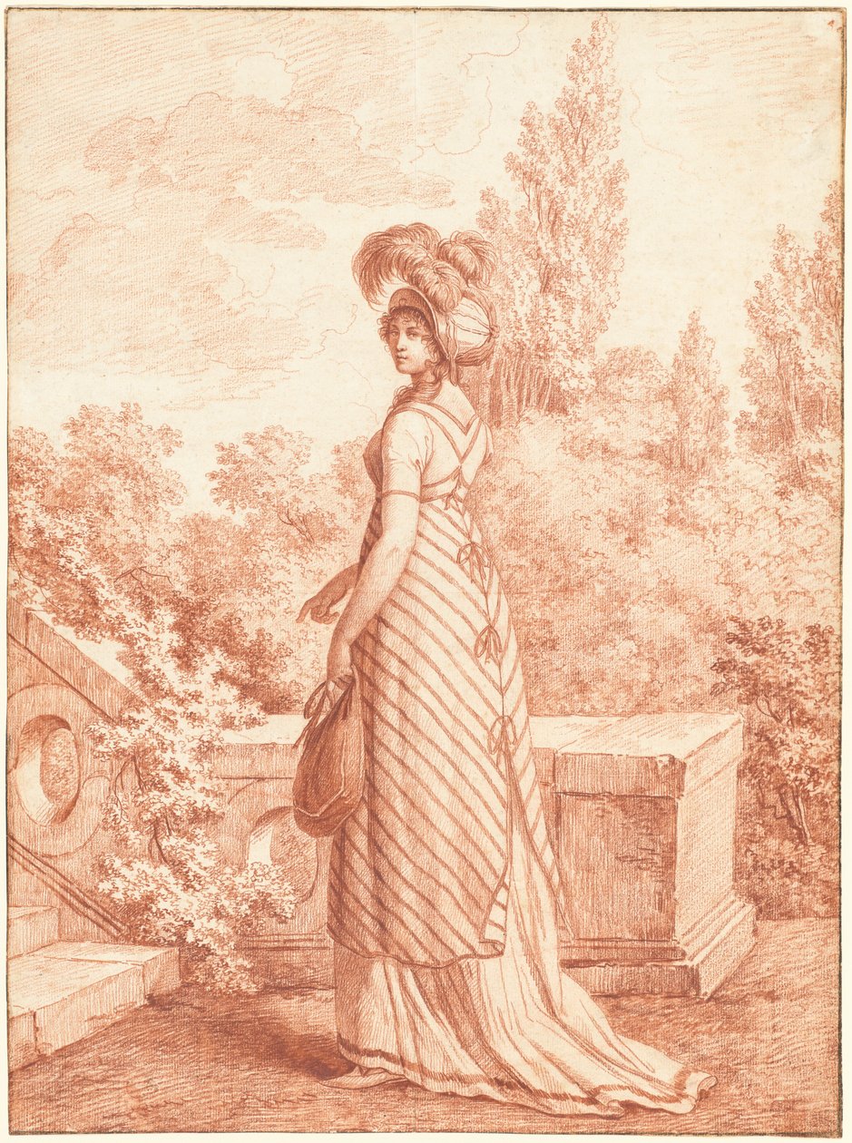 Eine modische Frau, die in einem Park steht von Carle Vernet