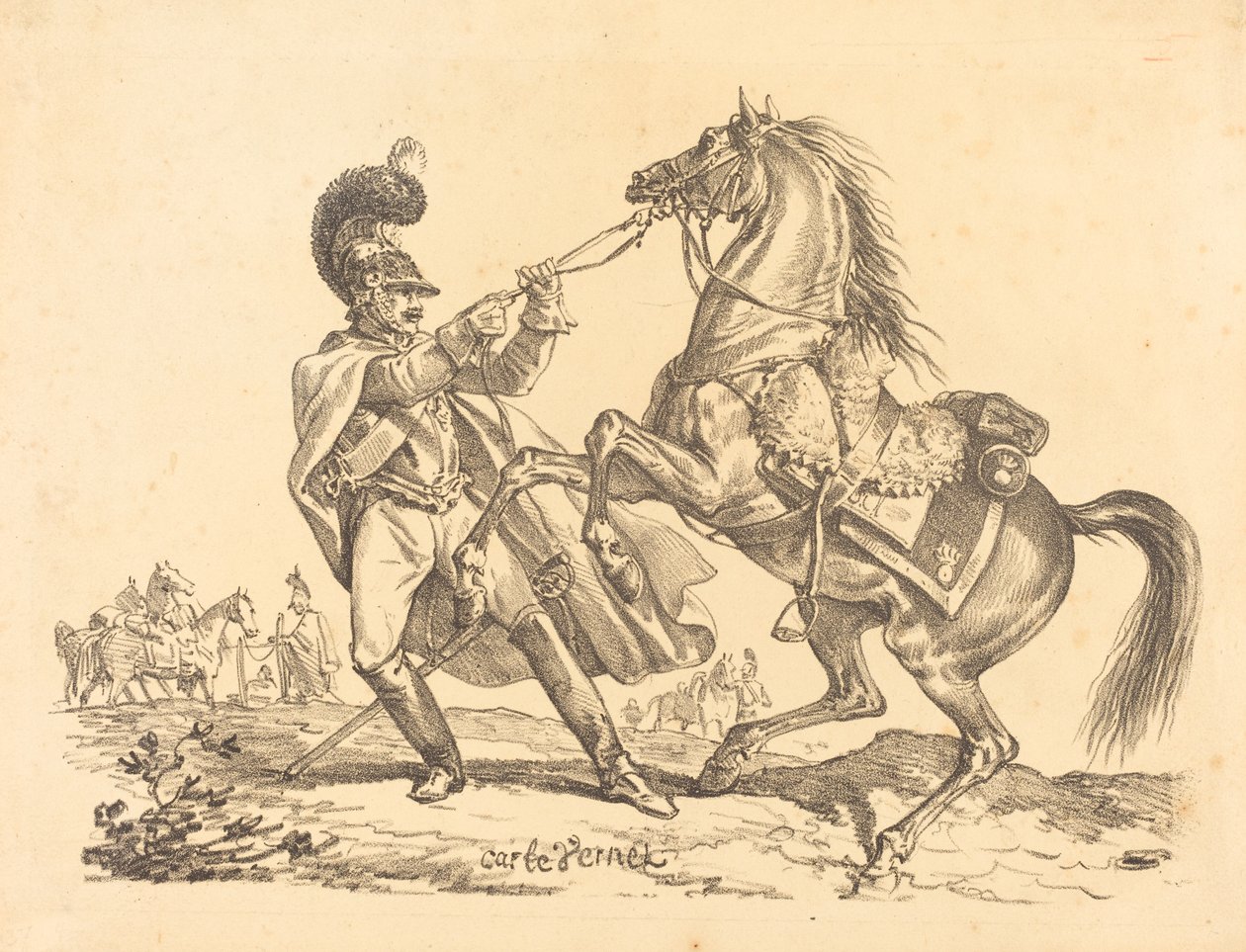 Kürassier, der sein steigendes Pferd zurückhält von Carle Vernet