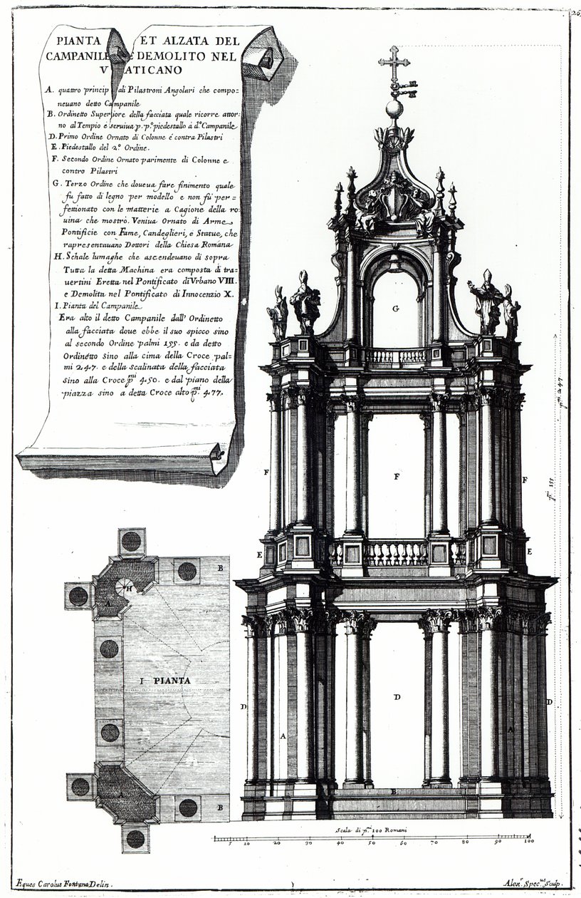 Ein Campanile entworfen für St. Peter, Rom, graviert von Alessandro Specchi von Carlo Fontana