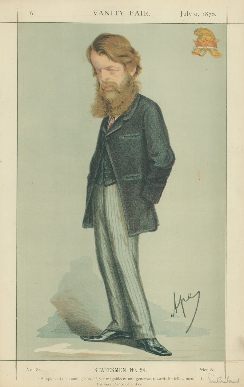 Der Herzog von Sutherland, einfach und bescheiden, aber großartig und großzügig gegenüber seinen Mitmenschen, der wahre Fürst der Herzöge, 9. Juli 1870, Vanity Fair Karikatur von Carlo Pellegrini