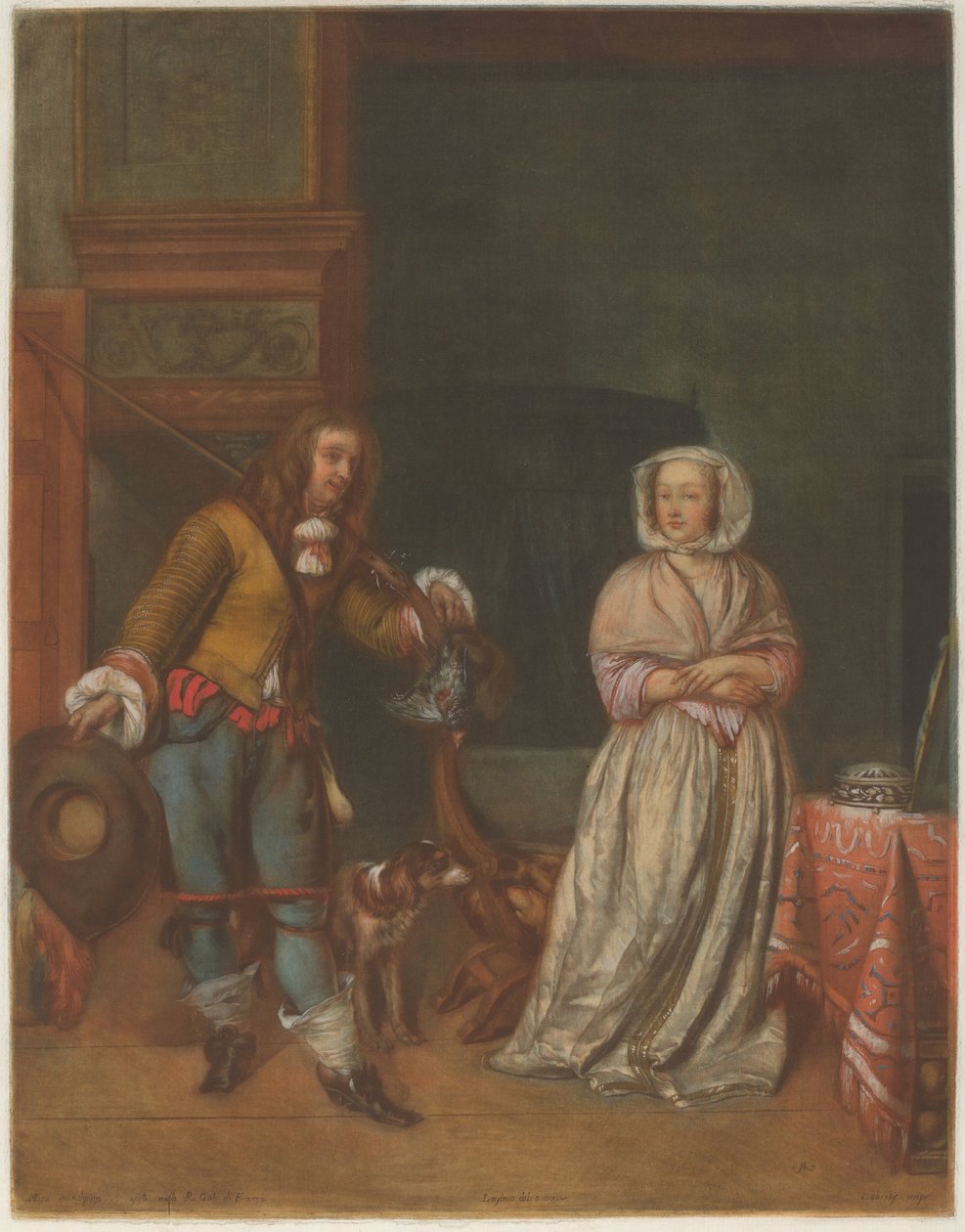Jäger besucht eine Dame von Carlo Lasinio after Gabriel Metsu
