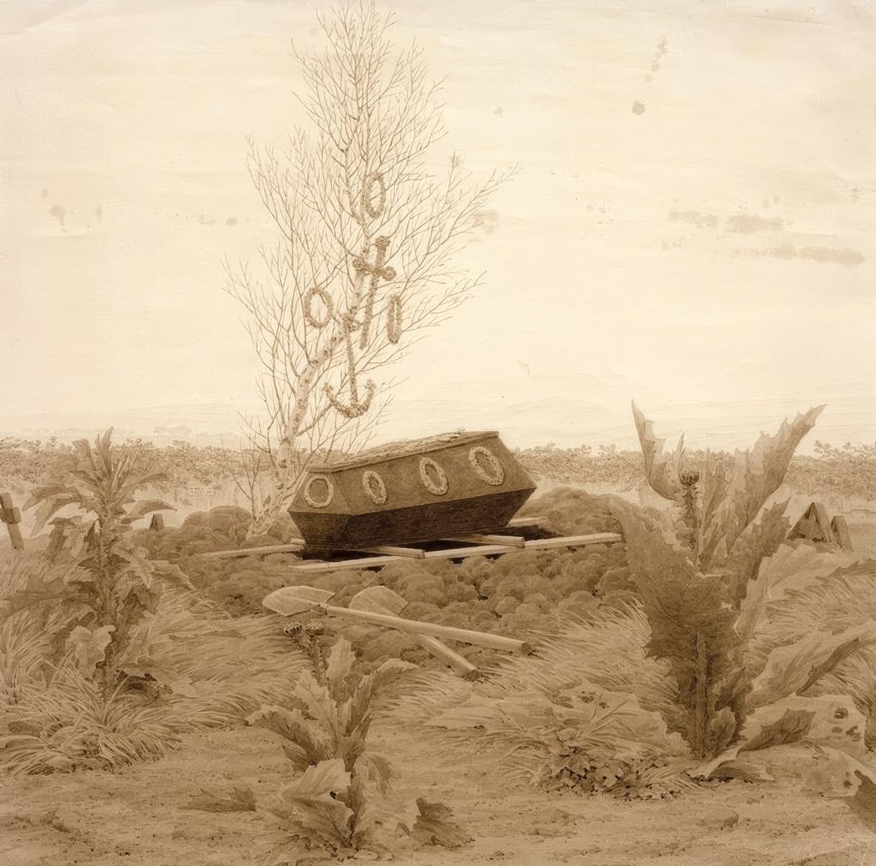 Sarg auf einem frischen Grab von Caspar David Friedrich
