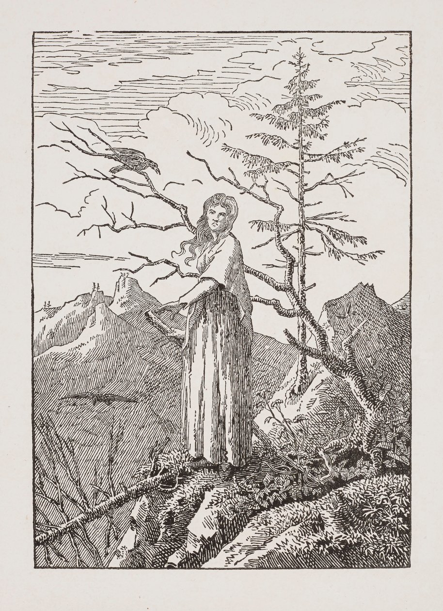 Frau mit Rabe am Abgrund von Caspar David Friedrich
