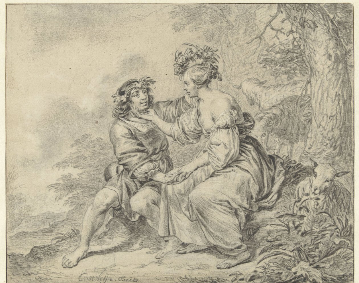 Hirte und Hirtin sitzen in einer Landschaft von Casper Casteleyn