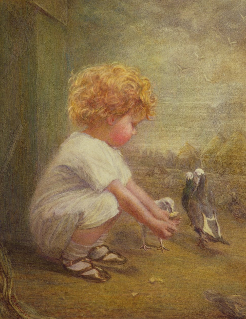 Kleines Mädchen füttert Tauben von Catherine P. Brooker