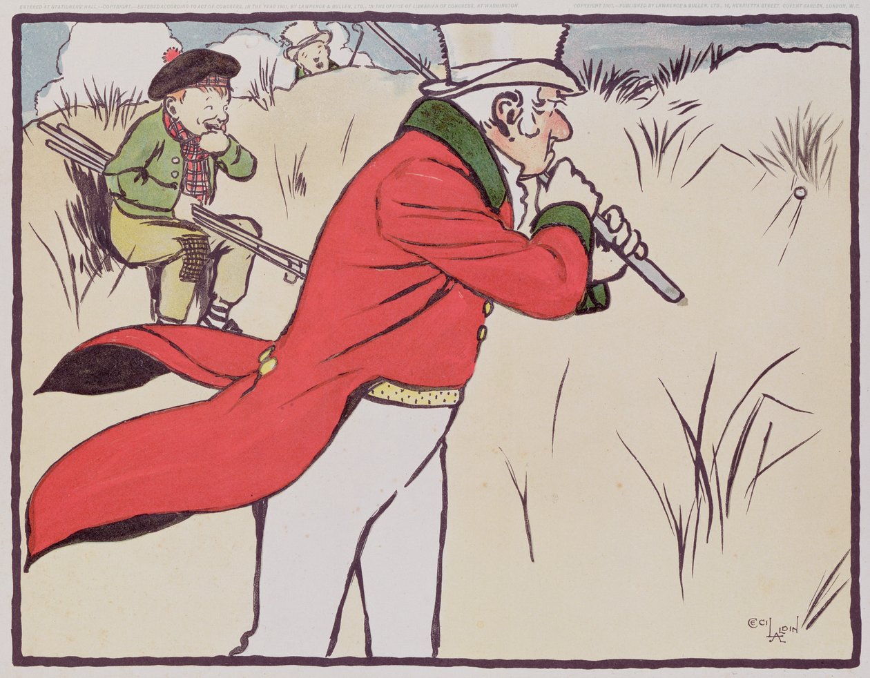 Wütender Golfer schlägt seinen Ball ins Gebüsch, während sein Caddy versucht, sich das Lachen zu verkneifen, 1901 von Cecil Charles Windsor Aldin