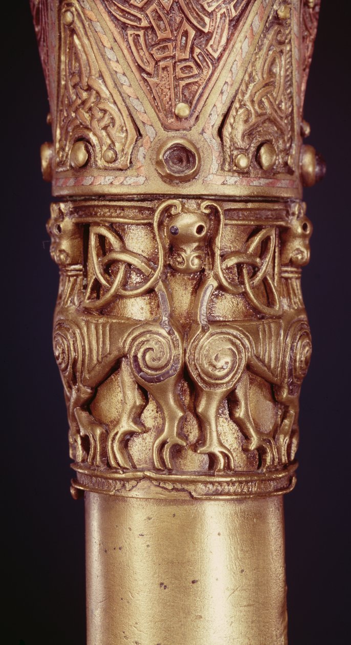 Clonmacnoise-Krummstab, County Offaly, Wikingerzeit Holz umwickelt mit Bronzeblech mit eingelegtem Silber (Detail) von Celtic