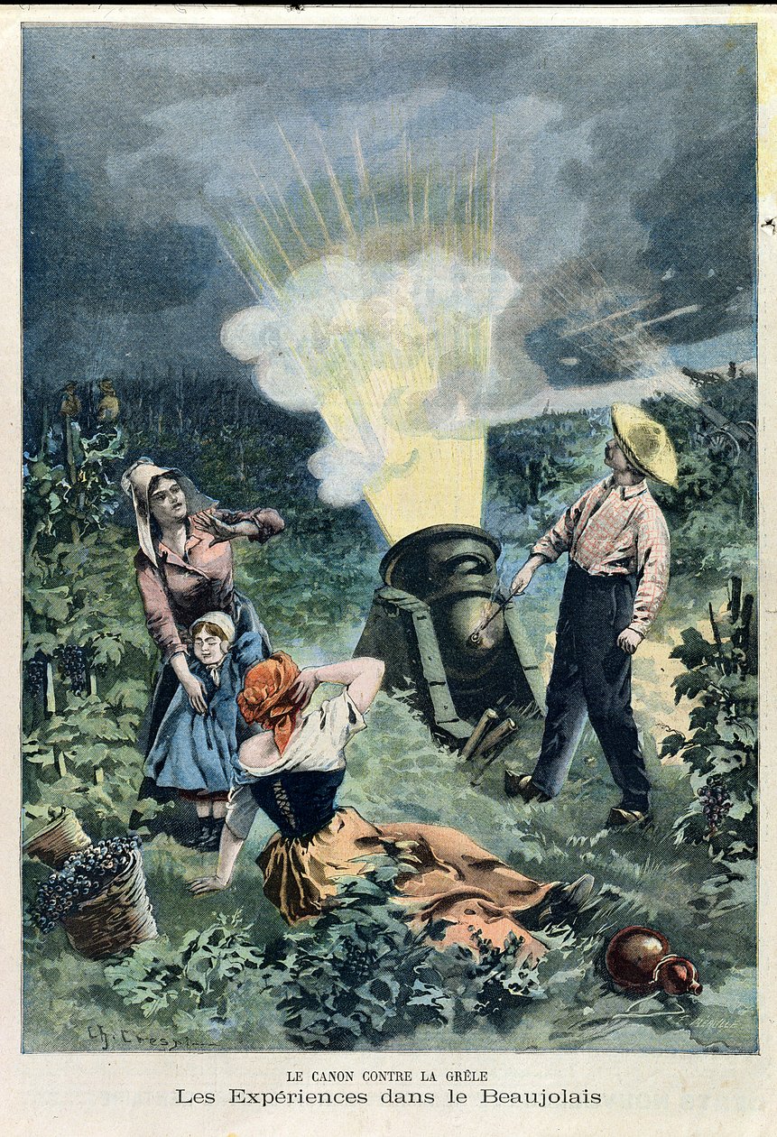 Experiment mit einer Kanone, um Hagelschäden an Weinreben zu verhindern, aus Le Petit Journal, 23. Februar 1900 von Charles Crespin