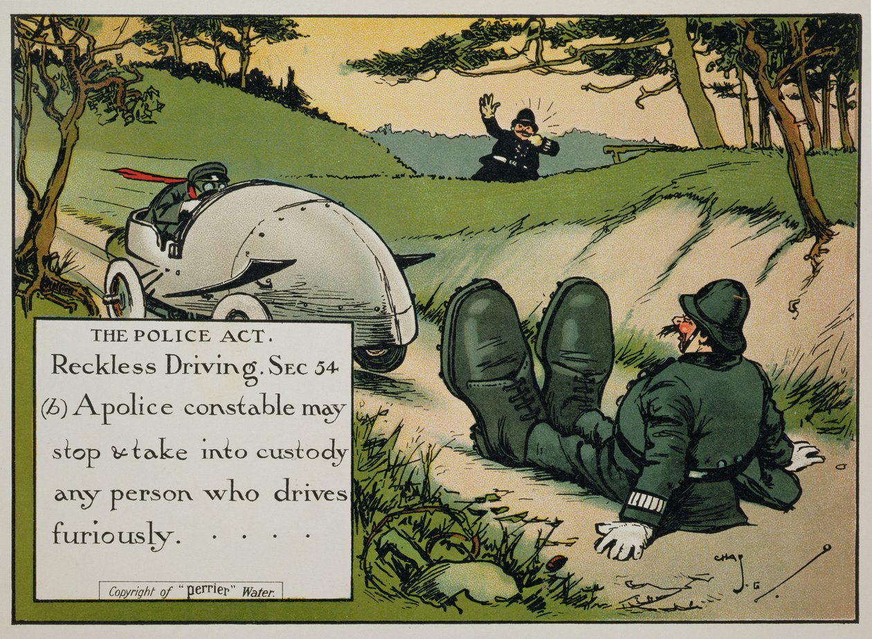 Das Polizeigesetz. Rücksichtslose Fahrweise. Sec.54(b) Ein Polizist kann jede Person anhalten und in Gewahrsam nehmen, die rücksichtslos fährt..., aus einem Buch der Straßenverkehrsregeln, veröffentlicht um 1905 von Charles Crombie