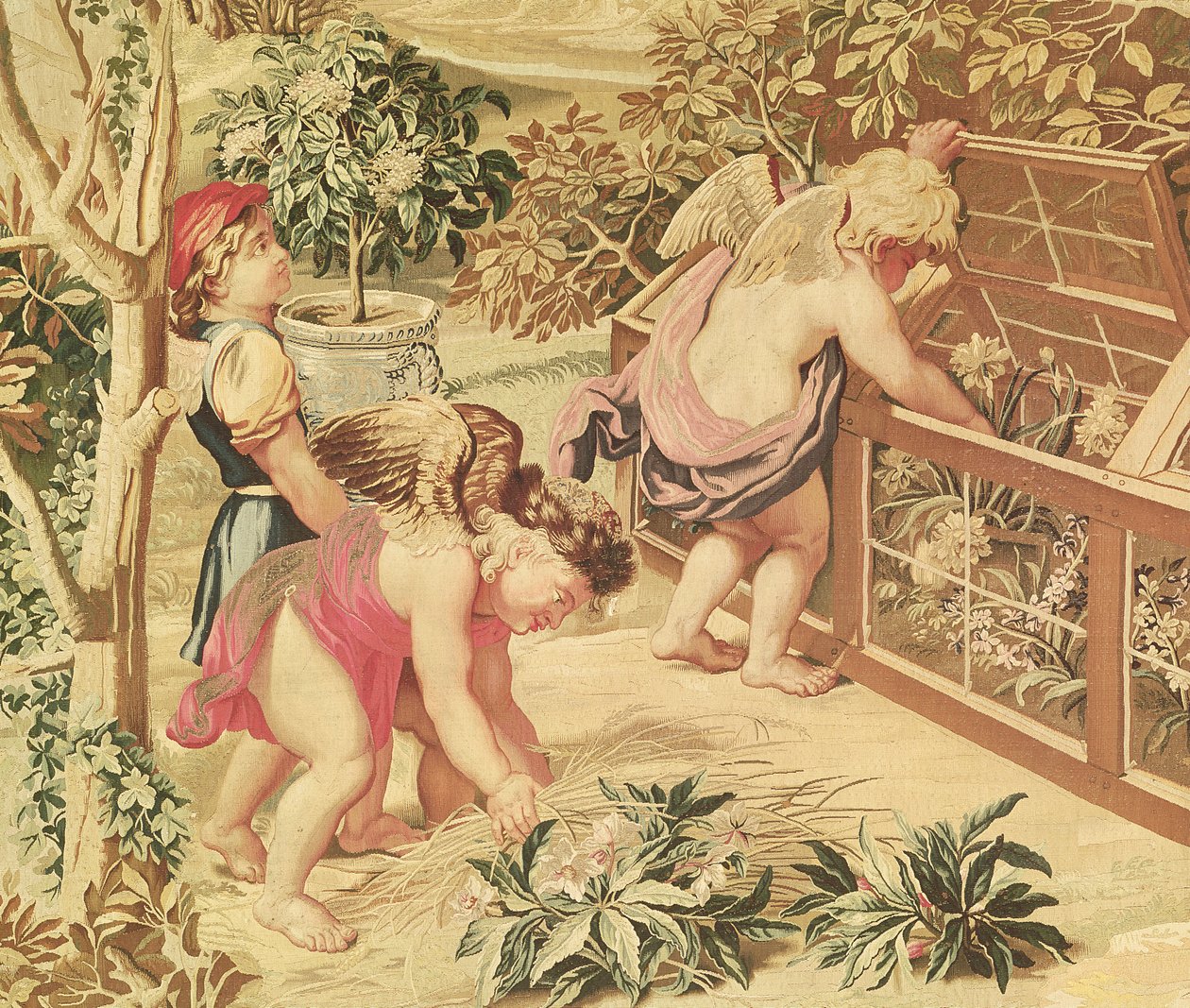 Kinder im Garten (nach einem Karton von Le Brun), gewebt in der Gobelin-Manufaktur (Wollteppich) von Charles Le Brun